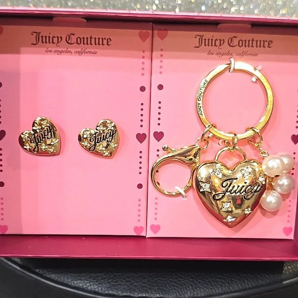 Juicy Couture Heart‎ Keychain & Earring Set w/Crystal Accents